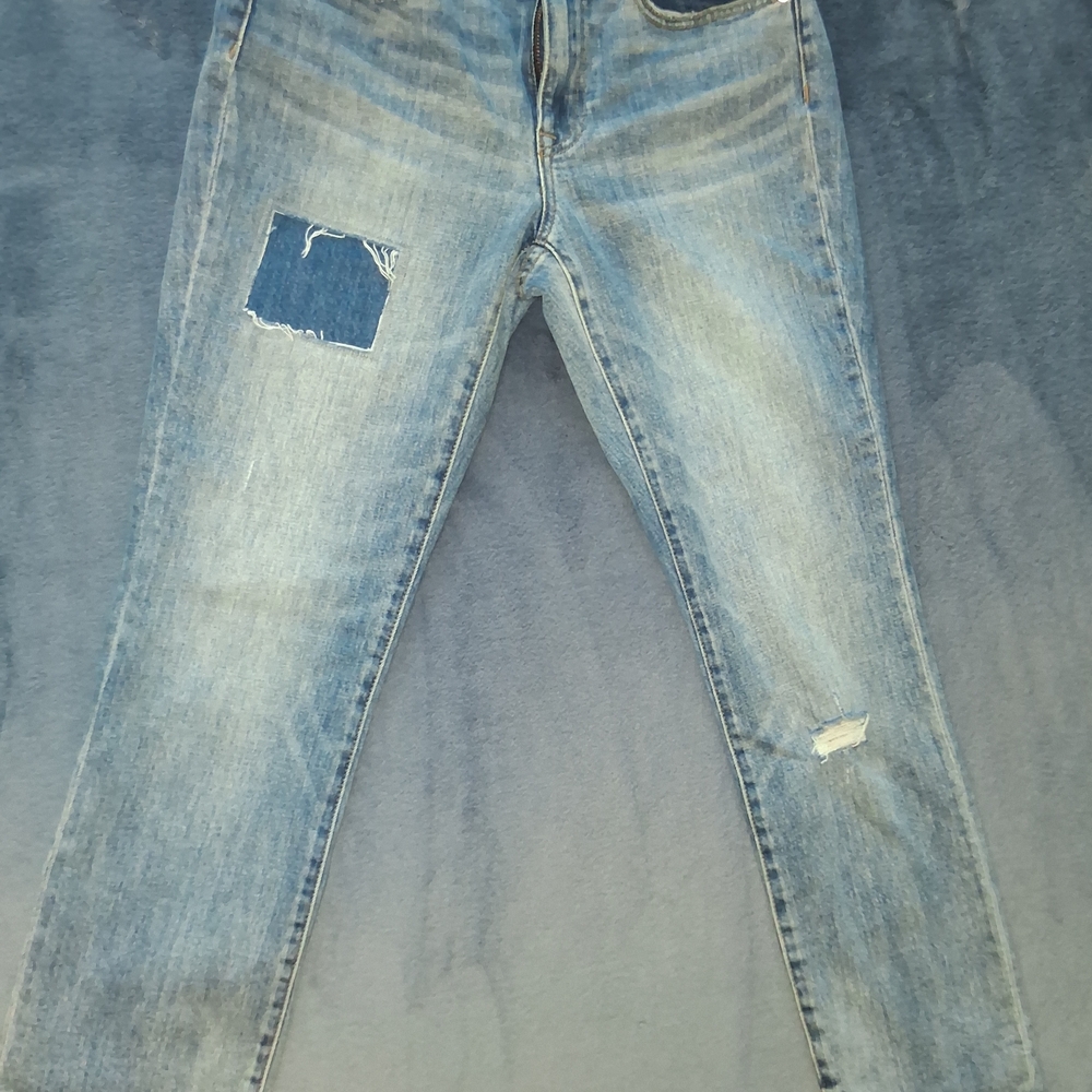 J.CREW High Rise Straight Jeans Patch Distressed Medium Wash Blue Denim  24 Wst
